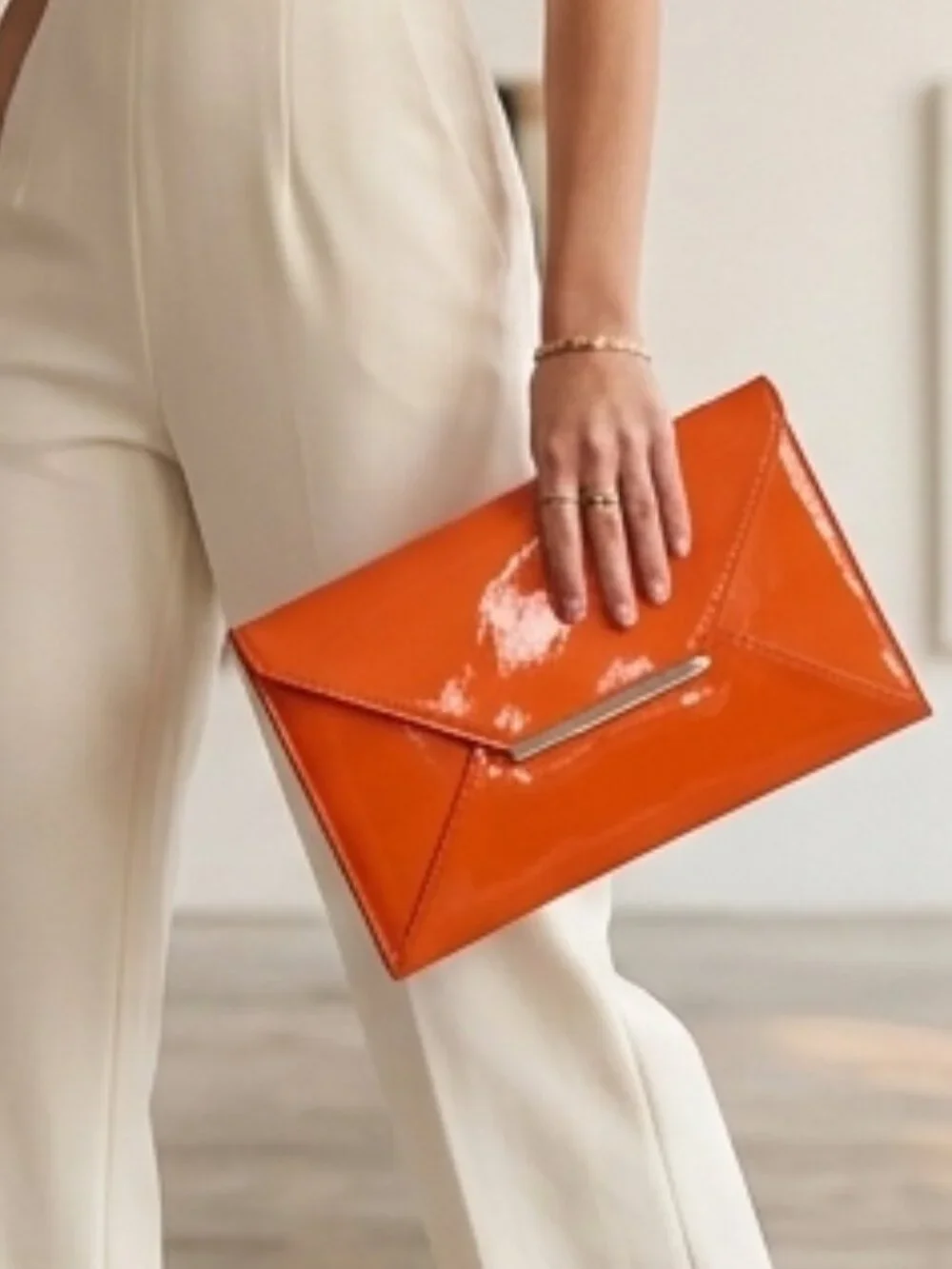 JNB Orange Faux Patent Leather Envelope Candy Clutch Bag High Gloss Modern